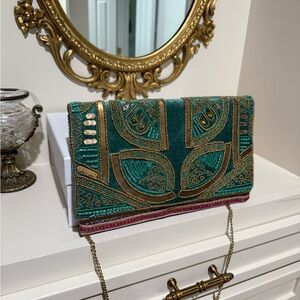 Elegant Green and Gold Embroidered Clutch